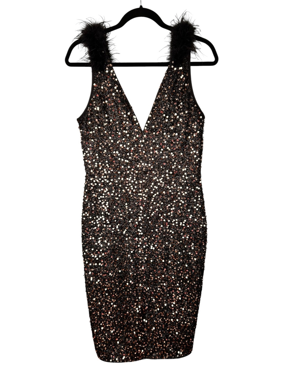 Sequin Feather-Trim Black V-Neck Cocktail Dress, XL Bodycon, Formal Event - Picture 3 of 9